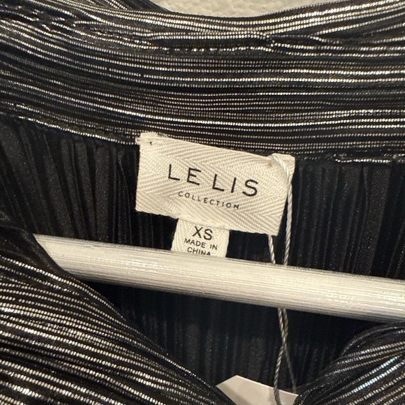 Le Lis Metallic Pleated Shirt Dress XS Black Silver Belted Mini Party Holiday - Picture 3 of 5